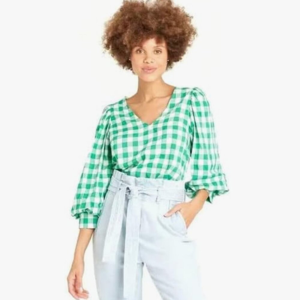 A New Day Green Gingham Blouse - Size XS